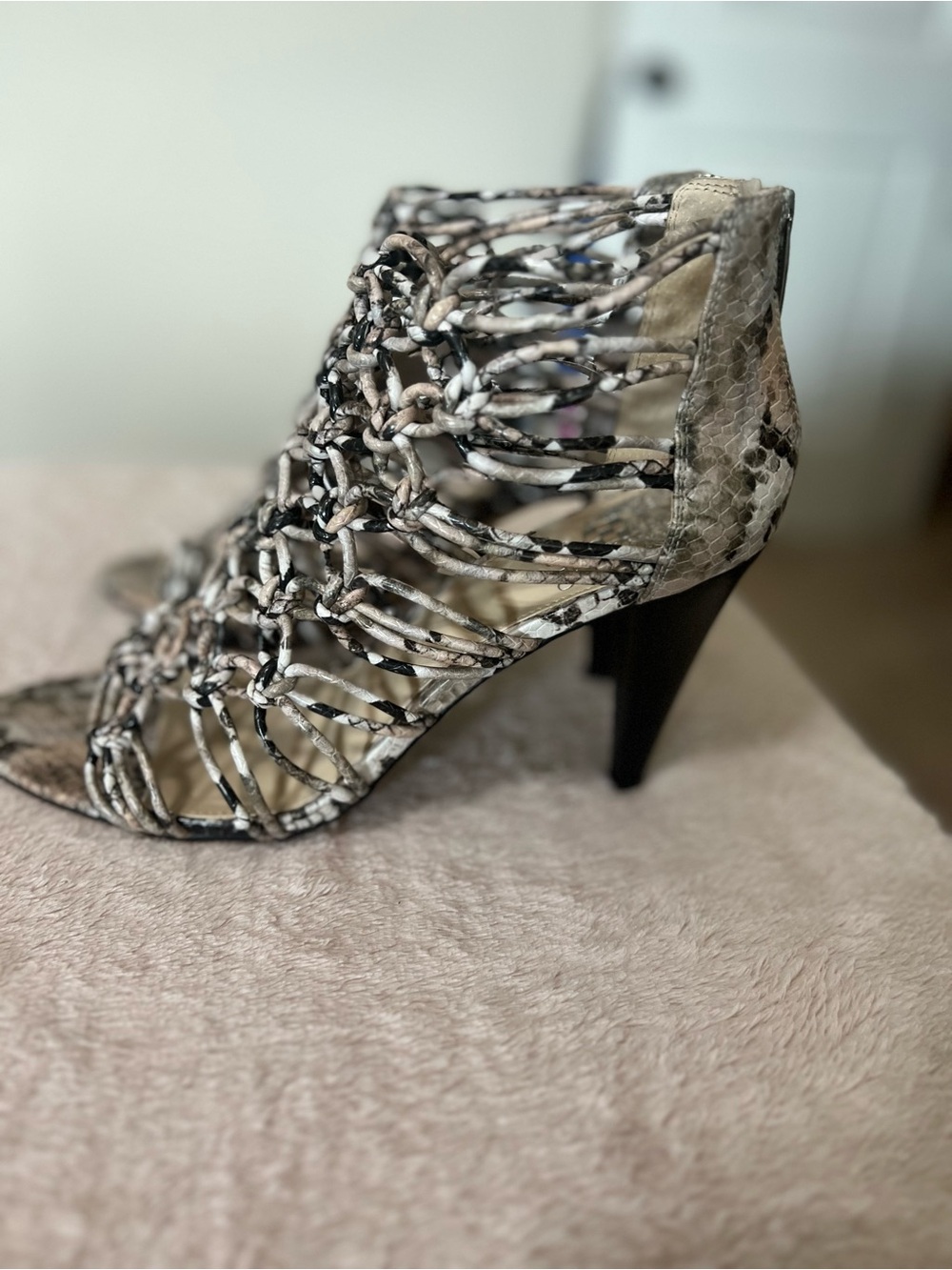 Vince Camuto Beige and Black Snakeskin Cage Heel Sandals